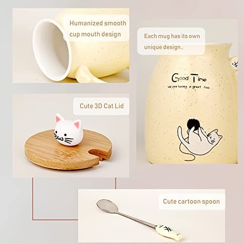 Chat Tasse Jolie tasse à café en céramique avec couvercle et cuillère en bois chat kawaii Nouveauté Morning Cup Tasses à thé au lait au café Tasses de chat pour les amoureux des chats Femmes (Jaune)