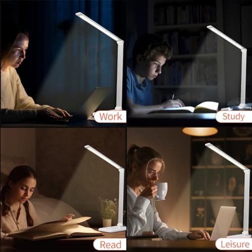 LQWELL® Lampe de Bureau LED À IntensitÉ Variable, 5 Couleurs, 10 Niveaux de LuminositÉ, Lampe de Chevet Respectueuse des Yeux, Chargement USB, Contrôle Tactile Et Fonction MÉMoire Pour Le Bureau
