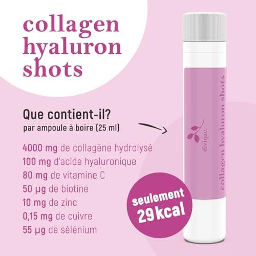 Divique collagène liquide avec acide hyaluronique (30 ampoules) - 4 000 mg de collagène + 100 mg d'acide hyaluronique - avec vitamine C, biotine, zinc, cuivre, sélénium - goût fraise