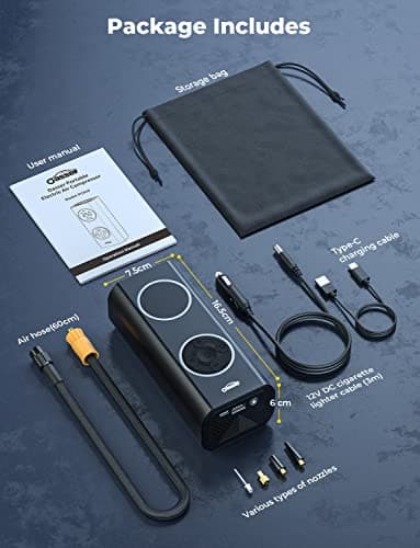 Oasser Gonfleur pneus Voiture 6000mAh 150PSI Type-C Charge Compresseur Voiture Batterie Rechargeable Allume-Cigare 12V avec Affichage Couleur Lumière LED Sac de Rangement Batterie Rechargeable