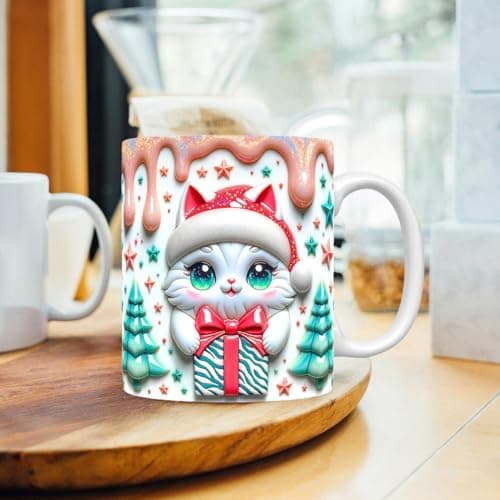 Ancsttu Tasse à café 3D, motif chat de Noël | Tasse à café en céramique avec chapeau de Noël 350 ml pour famille, , amis, collègues