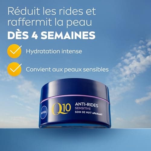 NIVEA Q10 Sensitive Soin de Nuit (1 x 50 ml), crème anti rides enrichie en Q10 pur et extrait de réglisse, crème anti-âge booster de collagène, crème visage apaisante pour peaux sensibles