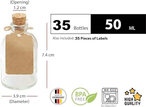 casavetro 35 x 50 ml Petites bouteilles en verre avec couvercle en liège Bouteilles en verre pour cadeaux de mariage Set Party Favors (35pcs)