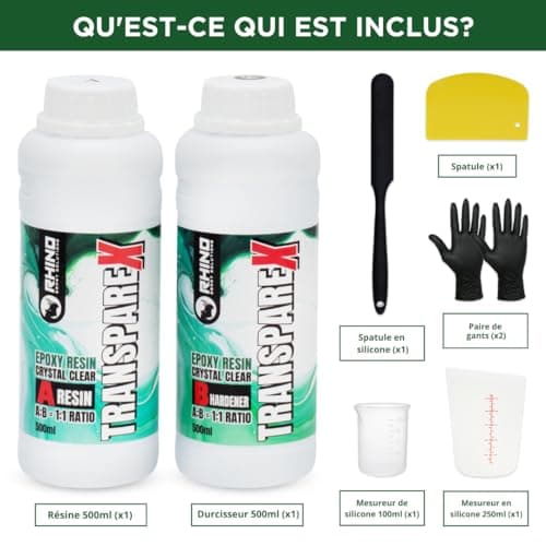 Resine Epoxy Transparente Kit RHINO Smart Solutions 1:1 TRANSPAREX 1000ml Résine Transparent pour Artisanat, Créations Artistiques, Modélisme, River Table, Revêvement, Modelage et Bijoux