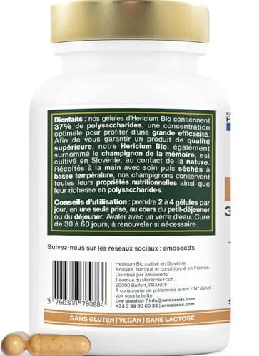 Hericium Erinaceus BIO | Champignon de la Mémoire | Hautement Dosé, 37% Polysaccharides | 120 gélules vegan | Lion’s Mane, Vegan, Sans Additifs | Qualité Supérieure | Fabriqué en France
