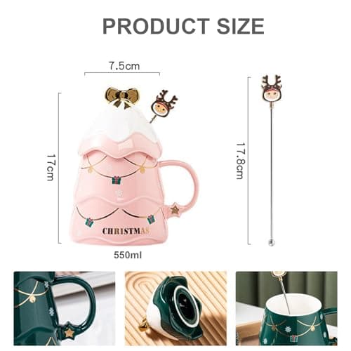 Liemuao Tasse de Sapin de Noël, 550ml Mug Mignonne en Céramique avec Couvercle et Cuillère, Tasse à Café Tasse Kawaii Chocolat Chaud Noel, Christmas Mug Set pour Famille, Ami, Collègue (Vert)