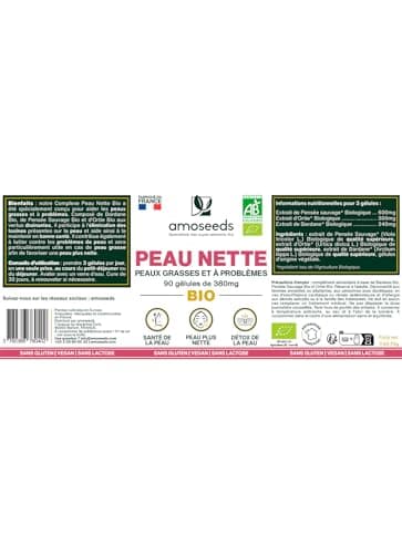 Peau Nette BIO | Peaux Grasses et à Problèmes | Régule la production de Sébum | Détoxifie et Purifie | Bardane, Pensée Sauvage, Ortie | 60 gélules de 380mg | Fabriqué en France | Qualité Supérieure