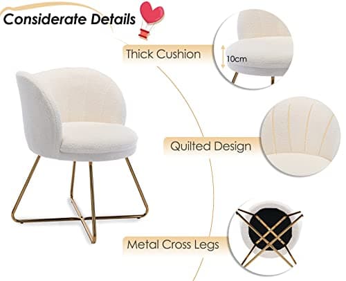 Wahson Fauteuil de Salon Fauteuil Coiffeuse en Fausse Fourrure Fauteuil Chambre avec Pieds doré, Chaise Coiffeuse pour Chambre/Salon, Blanc