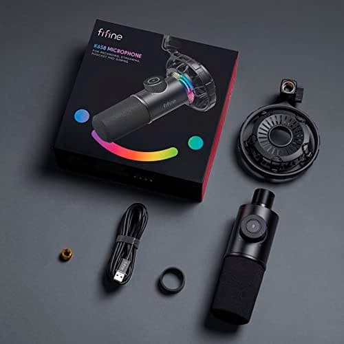 FIFINE USB Microphone Gaming, RGB Dynamiques Micro pour PC, Bouton de Silence & 3,5mm Prise Casque, Plug and Play Microphone Cardioïde pour Diffusion en Continu, Podcasting, Youtube