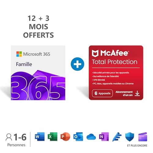 Microsoft 365 Famille - Office 365 apps - jusqu’à 6 utilisateurs - 15 Mois + McAfee Total Protection - PC/MAC, tablette et smartphone - Code d'activation - envoi par email