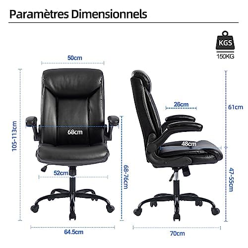 MZLEE Chaise de Bureau, Chaise Ergonomique en Cuir PU Pivotante avec Accoudoir Rabattable, Hauteur réglable, Confortable pour Les Jeux de Bureau à Domicile (Noir)