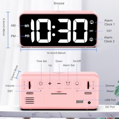 LATEC Réveil Numérique, Réveil LED avec Adaptateur, 0-100% Luminosité et Volume Réglable, 5,8" Grand écran Horloges avec 2 Alarmes, Fonction Snooze, 12/24H pour Bureau de Chambre(Rose)