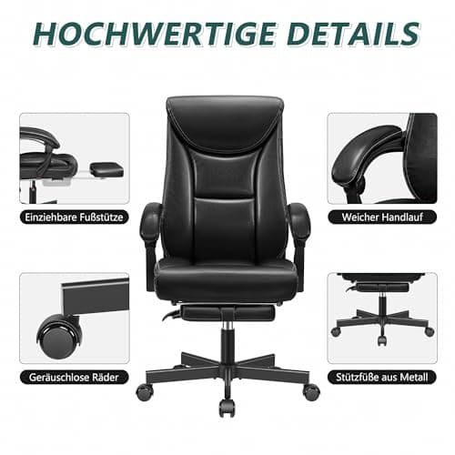 DoChair Fauteuil de Direction Chaise de Bureau Large siège de Bureau Ergonomique Dossier Haut 150KG avec Repose-Pieds Office Chair en Cuir PU, Noir