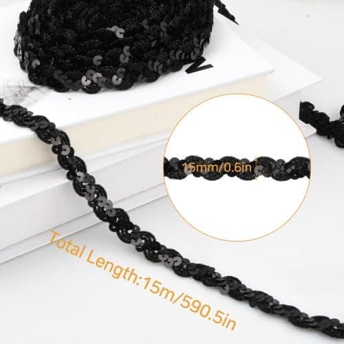 15m Ruban à Paillettes Plates, 1.5cm Noir Sequin Ruban Garniture, 6 mm Ruban Sequin pour Embellissements, Rouleaux de Paillettes Sequins pour Loisirs Créatifs