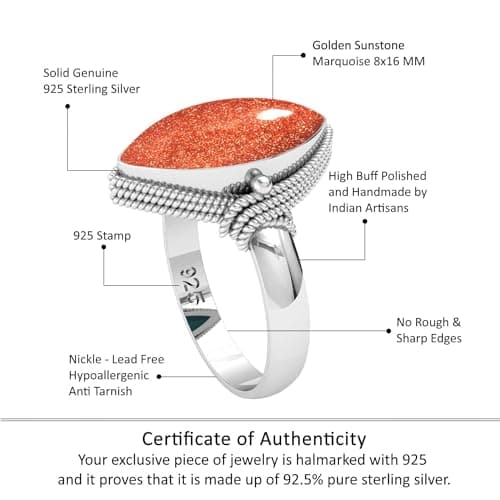 Jeweloporium Bague en argent 925 pour femme Taille 54 Marron Pierre de soleil dorée Pierre Précieuse Costume Bague en argent Action de grâces Cadeau Ancien Bijoux