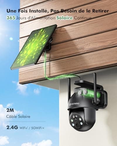 YESYAMO 2K Camera Surveillance WiFi Exterieure sans Fil Solaire, 2.4GHz Camera Exterieur avec Panneau Solaire, 355° PTZ, Vision Nocturne Couleur, Audio Bidirectionnel, PIR Sirène (Noir)