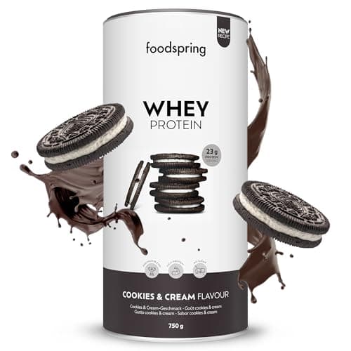 foodspring - Poudre de protéines whey Cookies&Cream - Avec 23 g de protéines de croissance musculaire, solubilité parfaite, ultra-filtrée et riche en BCAA et EAA - goût complet et délicieux (750 g)