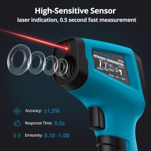 Thermomètre Infrarouge Laser Numérique Sans Contact, -50°C ~ 600°C(-58°F ~ 1112°F), Emissivité Réglable, Idéal pour Cuisine, Barbecue, Four, Frigo Professionnel, Pizza, Viande
