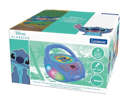 Lexibook - Disney Stitch - Lecteur CD Bluetooth pour Enfants - Portable, Effets Lumineux, Prise Micro, Entrée aux-in, Pile ou Secteur, Filles, Garçons, Bleu, RCD109D