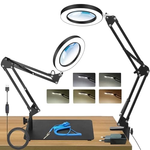 Loupe avec lumière, Lampe de bureau Led 10X avec pince et base 5 modes de couleur 10 niveaux de gradation Lampe à pince pour seniors Aide à la lecture Lampe de travail bricolagenn Loupe de lecture