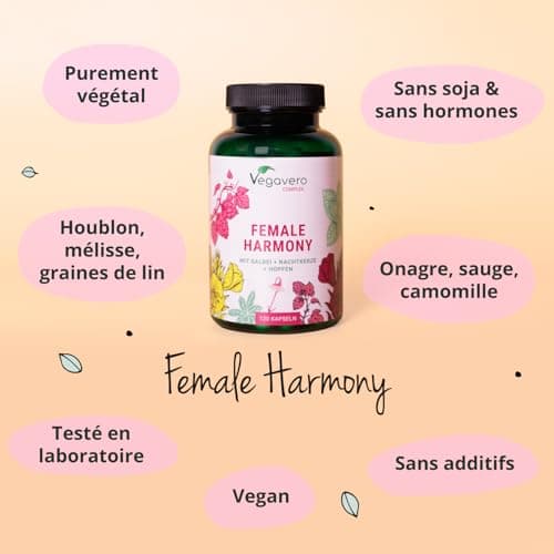 Vegavero Complexe MÉNOPAUSE | 100% Naturel & SANS HORMONES | Sauge, Onagre, Houblon, Camomille et Igname | 120 Gélules Vegan | Bouffées de Chaleur + Fatigue + Équilibre Hormonal & Emotionnel