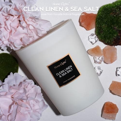HomeLights Bougies parfumées en pot, bougies de soja naturel, 3 mèches en coton, sans fumée, longue durée de 130 heures, Lin propre et sel de mer