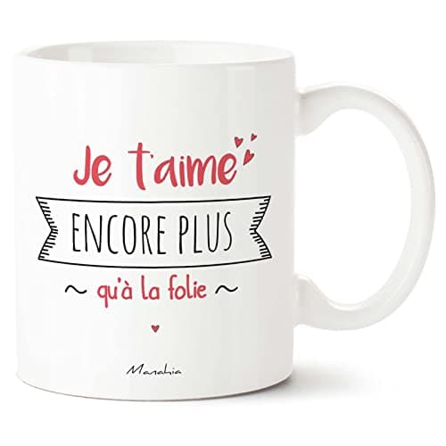Manahia Mug Amour - Je t'aime encore plus qu'à la Folie- Avec Boite Kraft - 330 mL Céramique - Imprimé en France - Saint Valentin - Cadeau Couple - Tasse Je t'aime - Mug Noël