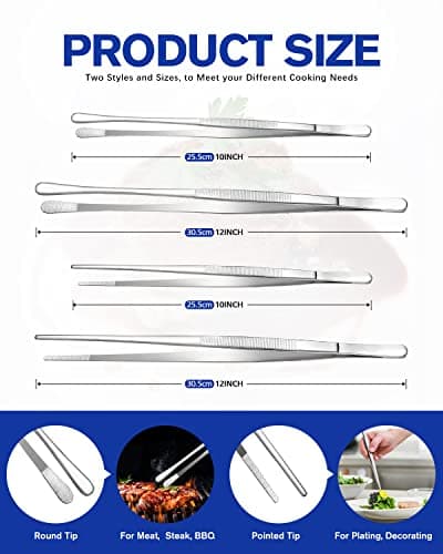 4 Pincettes de cuisine en acier inoxydable, 12'' et 10'', longue pincette de cuisine professionnelle en argent pour la cuisine, les réparations, les fruits de mer et le BBQ