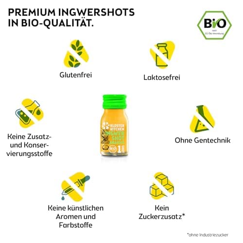 Kloster Kitchen Lot de 14 shots de gingembre bio - 1SHOT - 14 x 30 ml - Avec véritables morceaux de gingembre - Végétalien dans une bouteille en verre à emporter - Doux et épicé - Sans additifs et