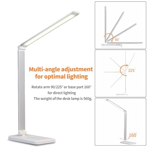 LQWELL® Lampe de Bureau LED À IntensitÉ Variable, 5 Couleurs, 10 Niveaux de LuminositÉ, Lampe de Chevet Respectueuse des Yeux, Chargement USB, Contrôle Tactile Et Fonction MÉMoire Pour Le Bureau