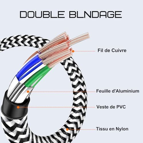 Cat 8 Câble Ethernet 2M, RJ45 Cable Haute Vitesse Réseau 40Gbps 2000MHz, Nylon Tressé Double Blindage STP LAN Câble Internet, Compatible avec Routeur Modem TV Box PC PS4/5