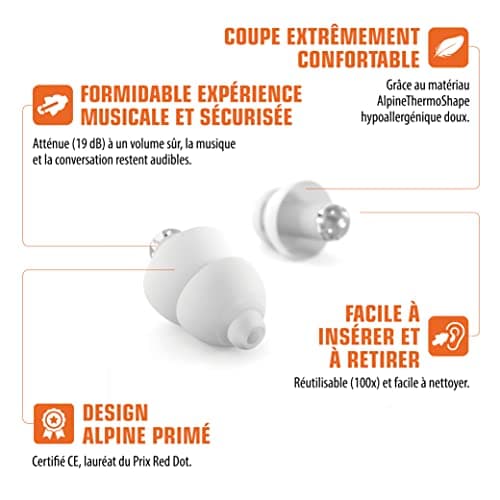 Alpine PartyPlug Bouchons d'oreilles : protections auditives pour la musique (fêtes, festivals et concerts) - Restitution parfaite du son - Hypoallergéniques et réutilisables - Embouts translucides