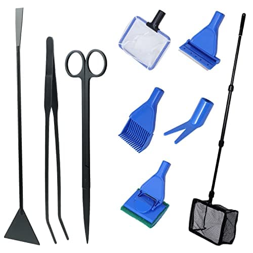Coolty 9 en 1 Outils pour Aquarium pour Tailler Les Plantes Aquatiques Nettoyage de l'aquarium Filet à Poissons Râteau à Gravier Fourche à Plantes Grattoir Eponge Pince à épiler Ciseaux Grattoir