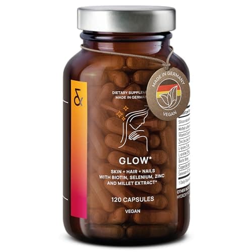 GLOW - Vitamines Cheveux avec Biotine Zinc Sélénium et Extrait de Millet - 120 Gélules (2 Mois) - Complement Alimentaire Cheveux, Peau et Ongles - Vegan