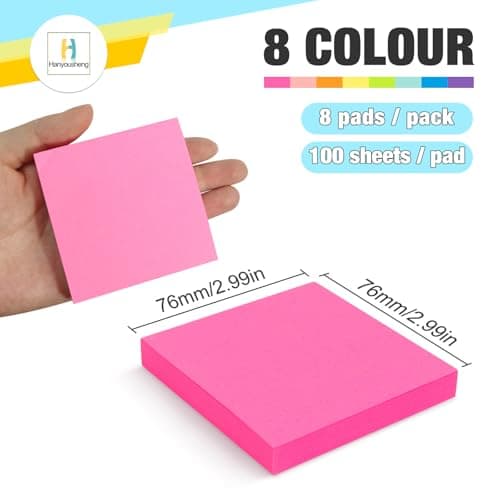 Hanyousheng 800pcs Sticky Notes, Feuillets Autocollants 76 x 76 mm, Notes Sticky Carrées, 100 Feuilles par Bloc, pour Bureau, Maison, École, Réunion(8 Couleurs)