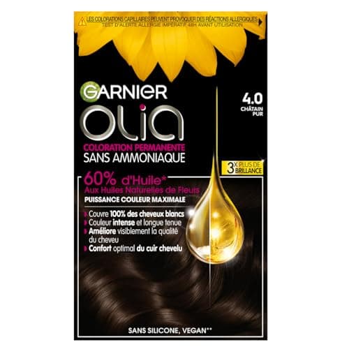 Garnier Coloration Permanente - Sans Ammoniaque - Aux Huiles Naturelles de Fleurs - Châtain Pur (4.0) - Olia
