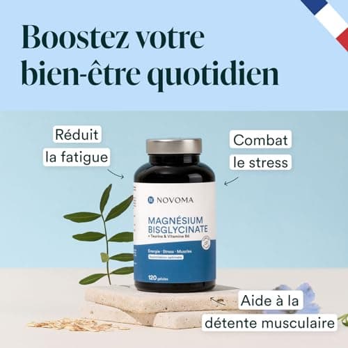 NOVOMA Magnésium Bisglycinate + Taurine & Vitamine B6, Haute Teneur 300mg /j, 120 gélules, Combat la Fatigue et le Stress, Mieux Absorbé que le Magnesium Marin, Fabriqué en France