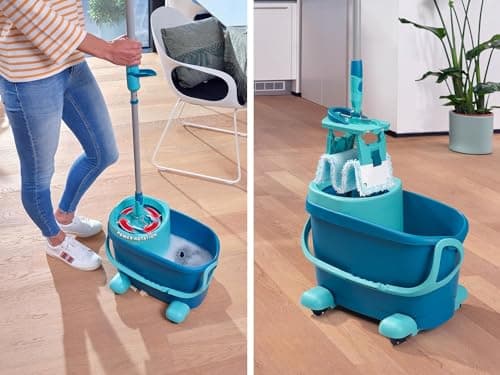 Leifheit Set Clean Twist M Ergo, lave-sol avec molleton ultra doux, seau essoreur et balai à plat essorage facile, balai serpillère microfibre, kit de lavage pour sols délicats, chariot à roulettes