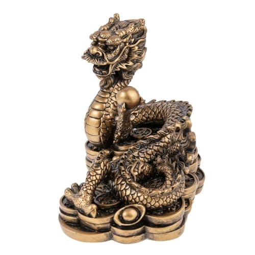 lachineuse - Figurine Grand Dragon Feng Shui - Statuette Dragon sur Sapèques - 14 x 21 x 11,5 cm - Symbole de Puissance, Force & Longévité - Décoration Asiatique Chinoise - Coloris Doré