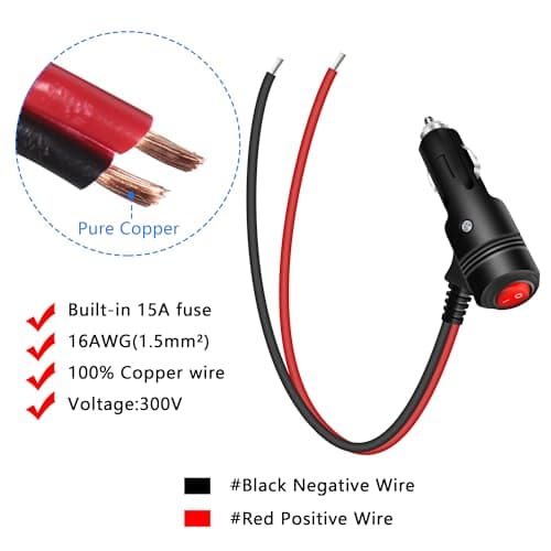 GELRHONR Câble allume-cigare de rechange 12 V avec interrupteur, cordon d'alimentation 16 AWG avec fusible 15 A (0,6 m)