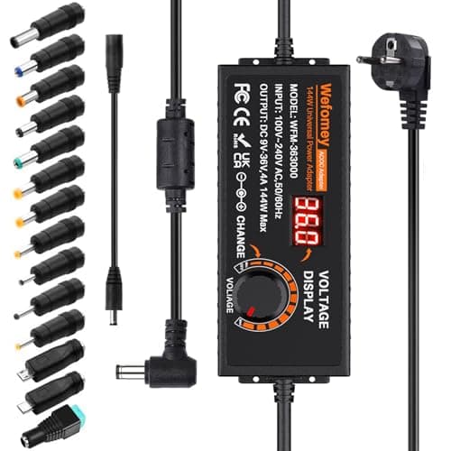 9~36V 4A 144W Adaptateur Alimentation Réglable, Adaptateur Secteur Universel Convertisseur, 100V-240V AC à DC 4A avec 14 Connecteurs, pour électroniques Ménagers 9V~36V et la Bande LED, 4000mA Max