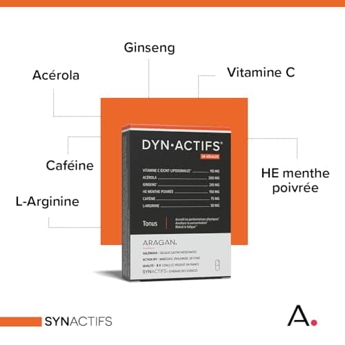 ARAGAN - Synactifs Lot de 2 Dynactifs - Complément Alimentaire Anti-Fatigue - Ginseng, Acérola, Caféine, Vitamine C et Menthe Poivrée - 60 gélules - 1 mois de prise - Fabriqué en France