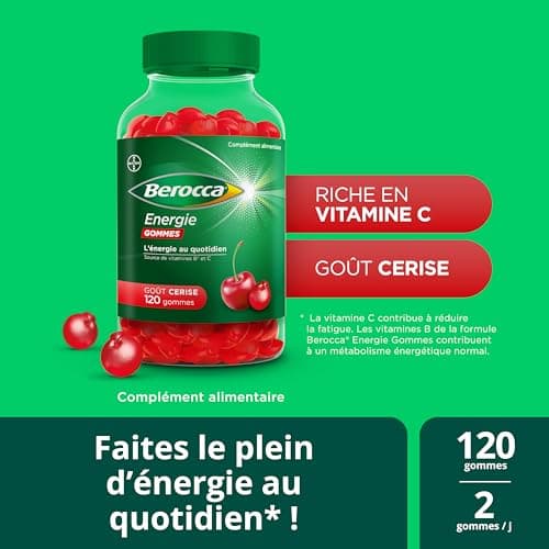 Berocca® Energie gommes - Multivitamines Complément alimentaire - Source de vitamines B* et vitamine C - Réduction de la fatigue, donne de l'énergie au quotidien - Goût Cerise - 3x60 gommes