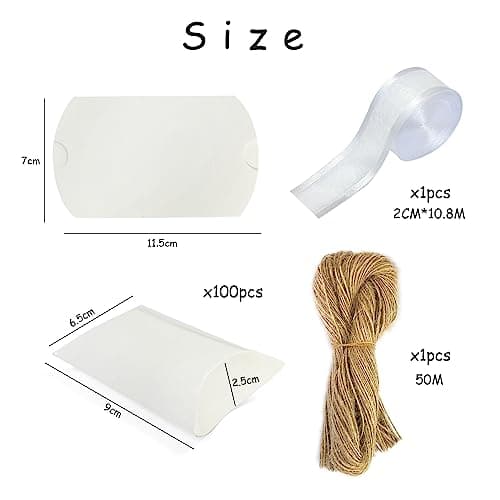 Lot de 100 boîtes cadeaux blanches en papier kraft avec 50 m de ficelle de jute et ruban de 12 yards, boîte cadeau de mariage pour bonbons, noix, bijoux et petits cadeaux