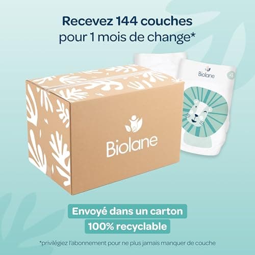 BIOLANE - Couches Taille 4 - (7-18 kg) - Peaux Sensibles - Ultra-Absorbant, Pas de Fuite, 12h au Sec - Pack 1 mois 144 couches - Fabriqué en France