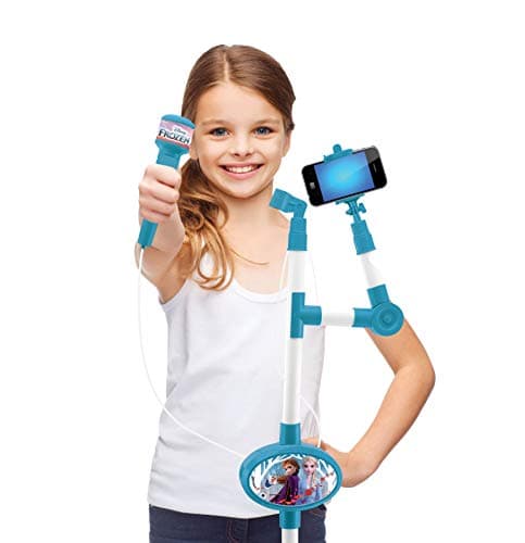 Lexibook- Disney Microphone La Reine des Neiges 2 Elsa Anna Olaf avec Enceinte et Pied Lumineux, Prise auxiliaire pour connecter la Musique, Bleu/Violet, S150FZ_50
