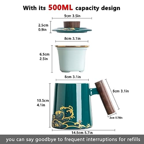 DISDADA Cup Tasse À Thé En Céramique Avec Infuseur et Couvercle Pour Infuser All-in-One Idéale Pour Café ou Feuilles de Thé, Pour la Maison ou le Bureau (Color : Vagues vertes foncées)