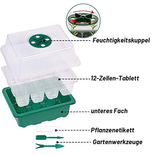 Shengou 10 Pièces Mini Serre pour Semis,Mini Serre pour Plantes,Kit Bac à Semis,Plantes Plateaux à graines avec,avec Outils de Jardinage et 20 étiquettes,Mini Plateau de Serre 12 Trous,Plateau Semis