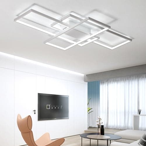 Luminaire Plafonnier LED Dimmable Salon Lustre 3000K-6000K, Avec Télécommande Moderne Plafond Rectangulaire Design 65W Applicable à Salon, Cuisine, Chambre (White, 105cm)