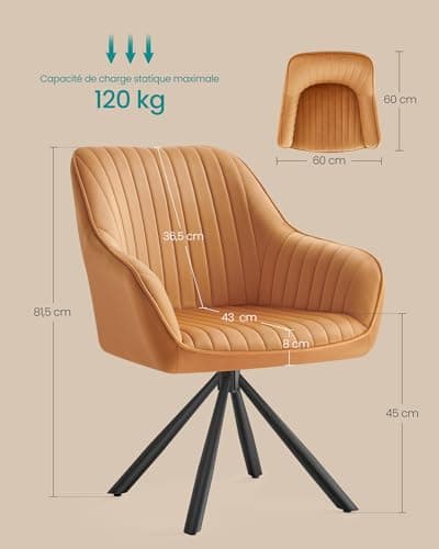 SONGMICS Chaise Salle à Manger, Fauteuil Pivotant, Velours, Rembourrée avec Accoudoirs, Charge 120 Kg, Pieds Acier, pour Salle à Manger, Cuisine, Marron Caramel et Noir d'encre KDC161K01